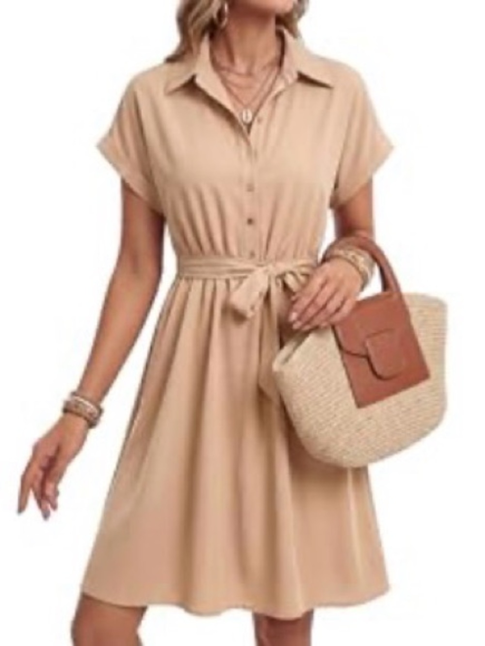 FREE when you bundle!!  Belted Button-Top Midi Dress, Light Beige, Satin finish